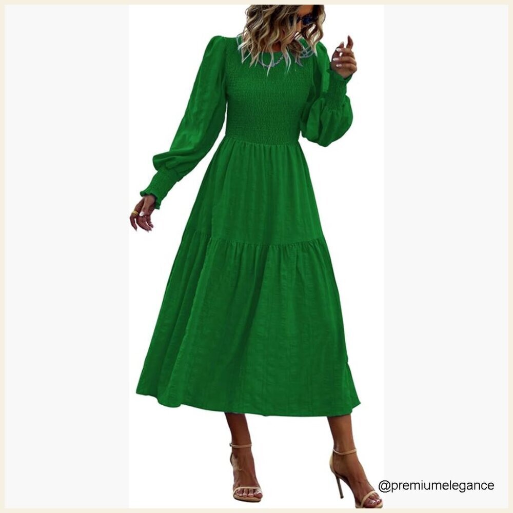 Long Sleeve Smocked Maxi Dress with Puff Sleeves Empire Waist Flowy